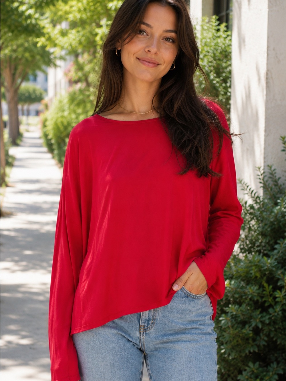 Toupy Silk Crepe Red Long Sleeve Blouse